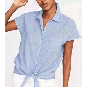 Old Navy Womens Button Up Tie Front Shirt Size L Blue Linen Cotton Flamingos